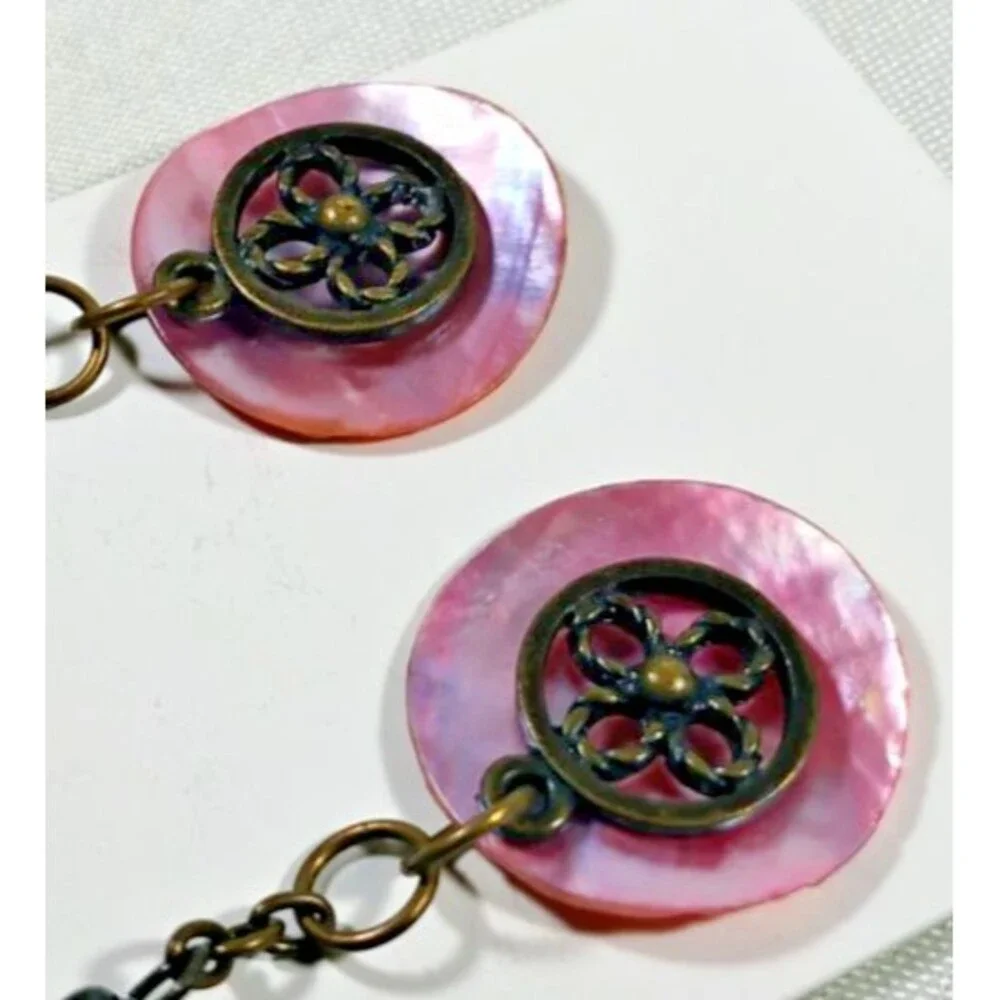 Vintage Dangle Earrings Pink Mother of Pearl Disc Brass Filigree Floral Charm